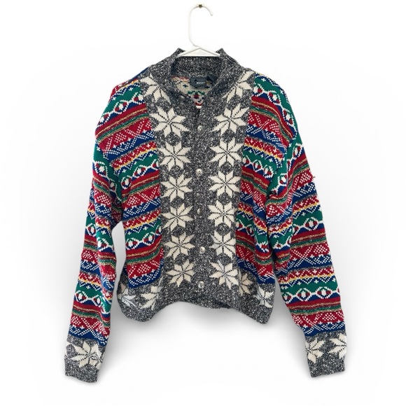 Vintage Sweaters - Vintage 80’s/90’s Lizwear Multicolor Fair Island Style Colorful Knit Cardigan S